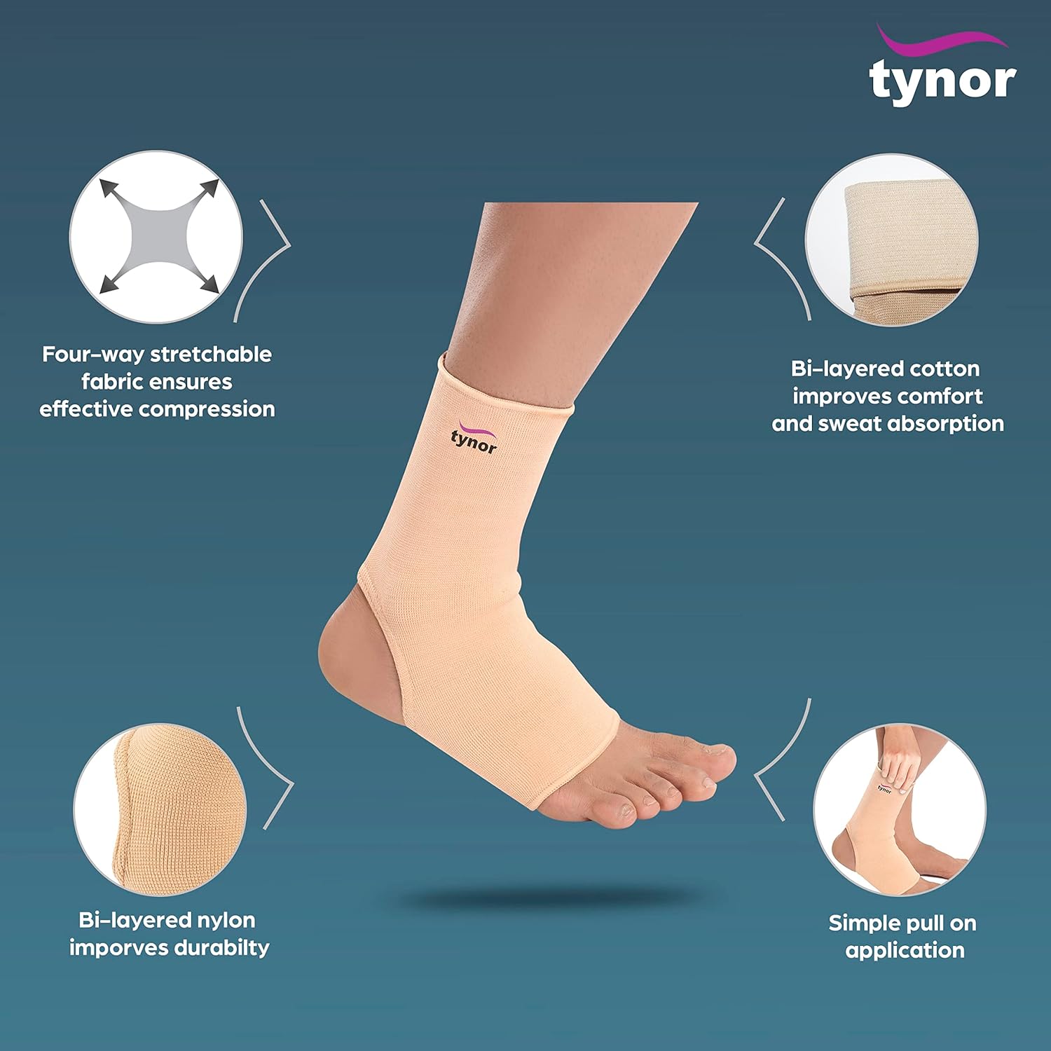 Picture of TYNOR Orthopedic Pain Relief Ankle Compression Support Cap Brace/Sleeves (1 PAIR), For Men And Women - Beige