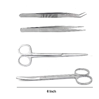 Picture of Stainless Steel Surgical Instrument Set 6 Inch Scissors, Curved Scissors, Blunt End Forceps, Curved Blunt End Forceps