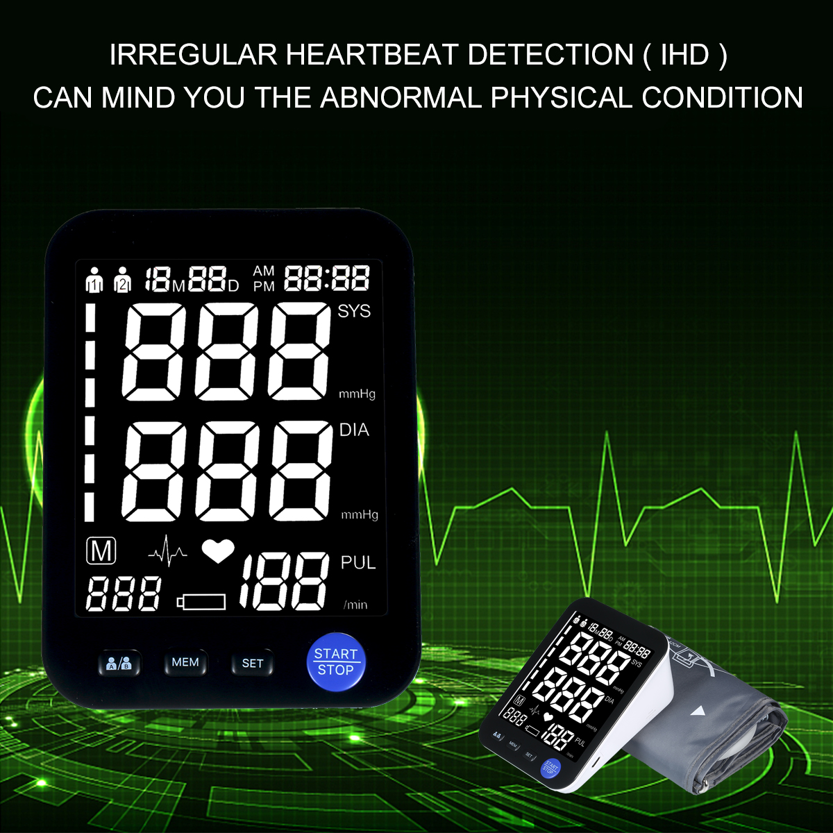 Picture of BSMI Blood Pressure Monitor Upper Arm Automatic Tonometer Digital BP Machine Heart Rate Pulse Monitor with Large Cuff for Medical - Black