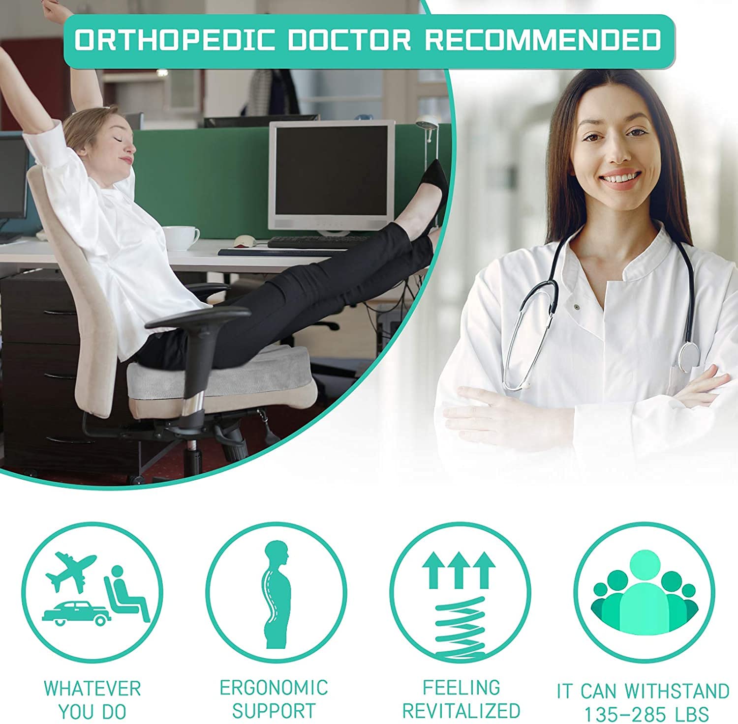 Picture of Seat Cushion Memory Foam Coccyx Cushion Designed for Back, Hip, and Tailbone Pain - for Office Chair,Car Seat, Wheelchair - Light Ash