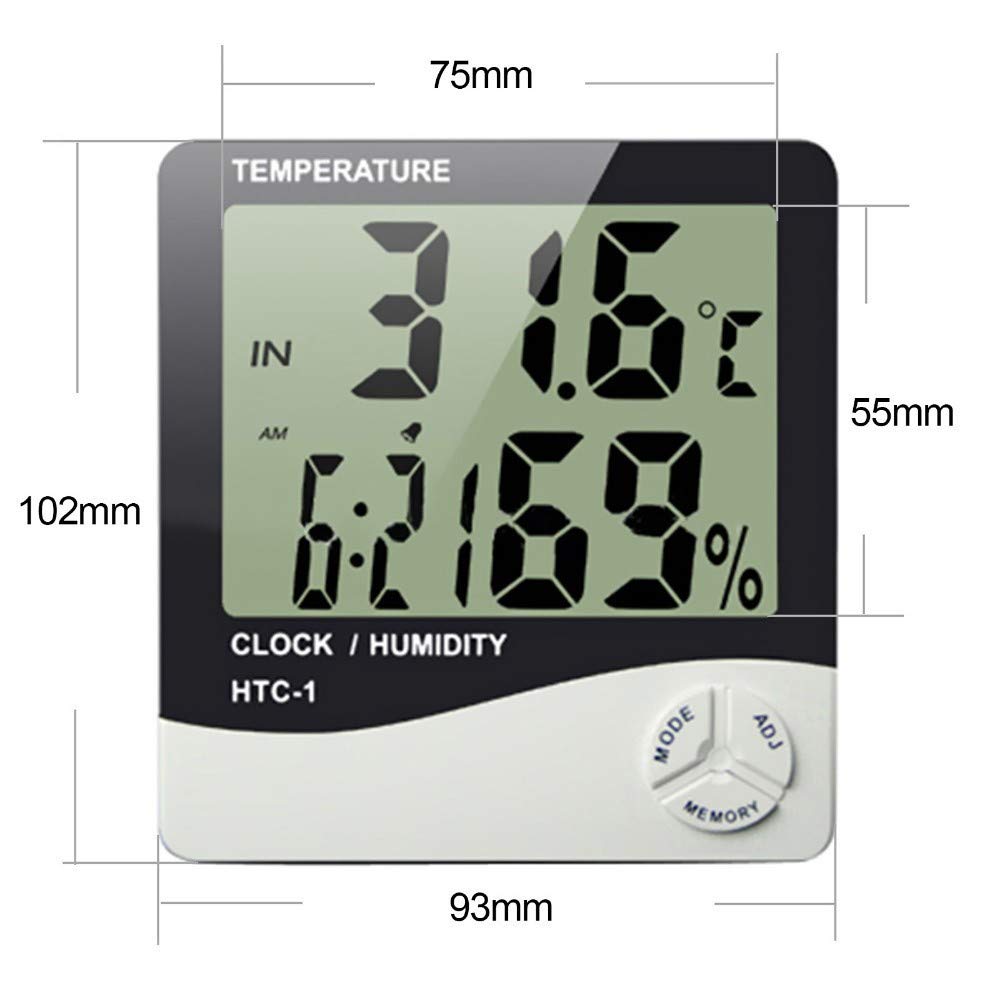 Picture of HTC-1 Digital Thermometer Hygrometer Clock Alarm/Alarm Calendar 5 Functions Large Screen Desktop Stand & Wall Mount White Thermometer Hygrometer Digital - Multicolor