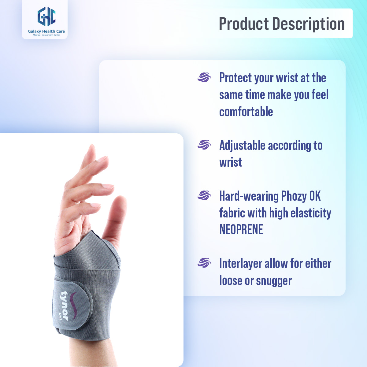 Picture of Tynor Wrist Support Brace with Thumb Unisex Medical Anatomical Stabilizing Wrap Non-Slip Compression for Pain Relief Recovery from Sprain Strain Arthritis - Light Ash