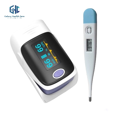 Picture of Pulse Oximeter Fingertip And thermometer, Blood Oxygen Saturation Monitor Fingertip Blood Oxygen Meter Finger Oximeter, O2 Monitor Finger for Oxygen (Blue) Combo Offer - Multicolor