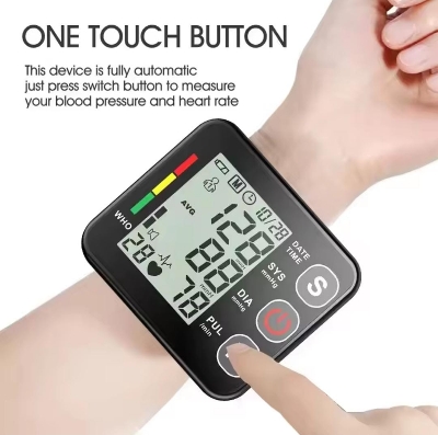Picture of Wrist Blood Pressure Monitor Voice Medical Tonometer Backlit LCD Digital Sphygmomanometer Heart Rate Arrhythmia Pulse BP Monitor - Multicolor