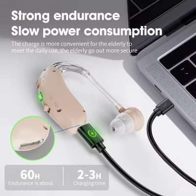 Picture of BTE Digital Hearing Aid Rechargeable Hearing Aids for Elderly Adjustable Tone Hearing Device Hearing Amplifier for Hearing Loss Beige with US Plug - Multicolor