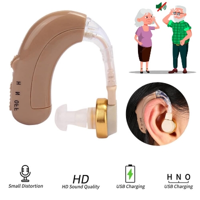 Picture of BTE Digital Hearing Aid Rechargeable Hearing Aids for Elderly Adjustable Tone Hearing Device Hearing Amplifier for Hearing Loss Beige with US Plug - Multicolor