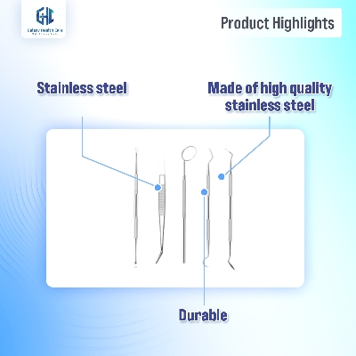 Picture of Dental Mouth Mirror Stainless Steel Tweezers Elbow Probe Dentist Instrument Teeth Cleaning Whitening Dentistry Tools Set - Silver