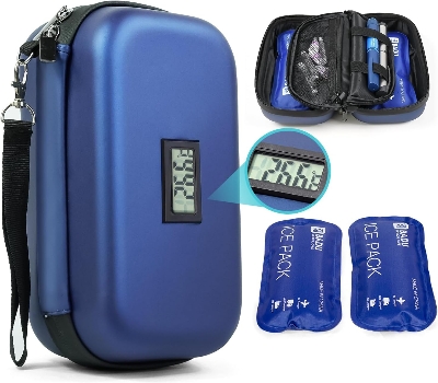 Picture of Insulin Cooler Travel Case TSA Approved Refrigerated Medicine Cooler for Travel w/Thermometer Temperature Display Diabetic Travel Case Bag w/2 Reusable Ice Packs for Daily Life Trip, Blue - Blue
