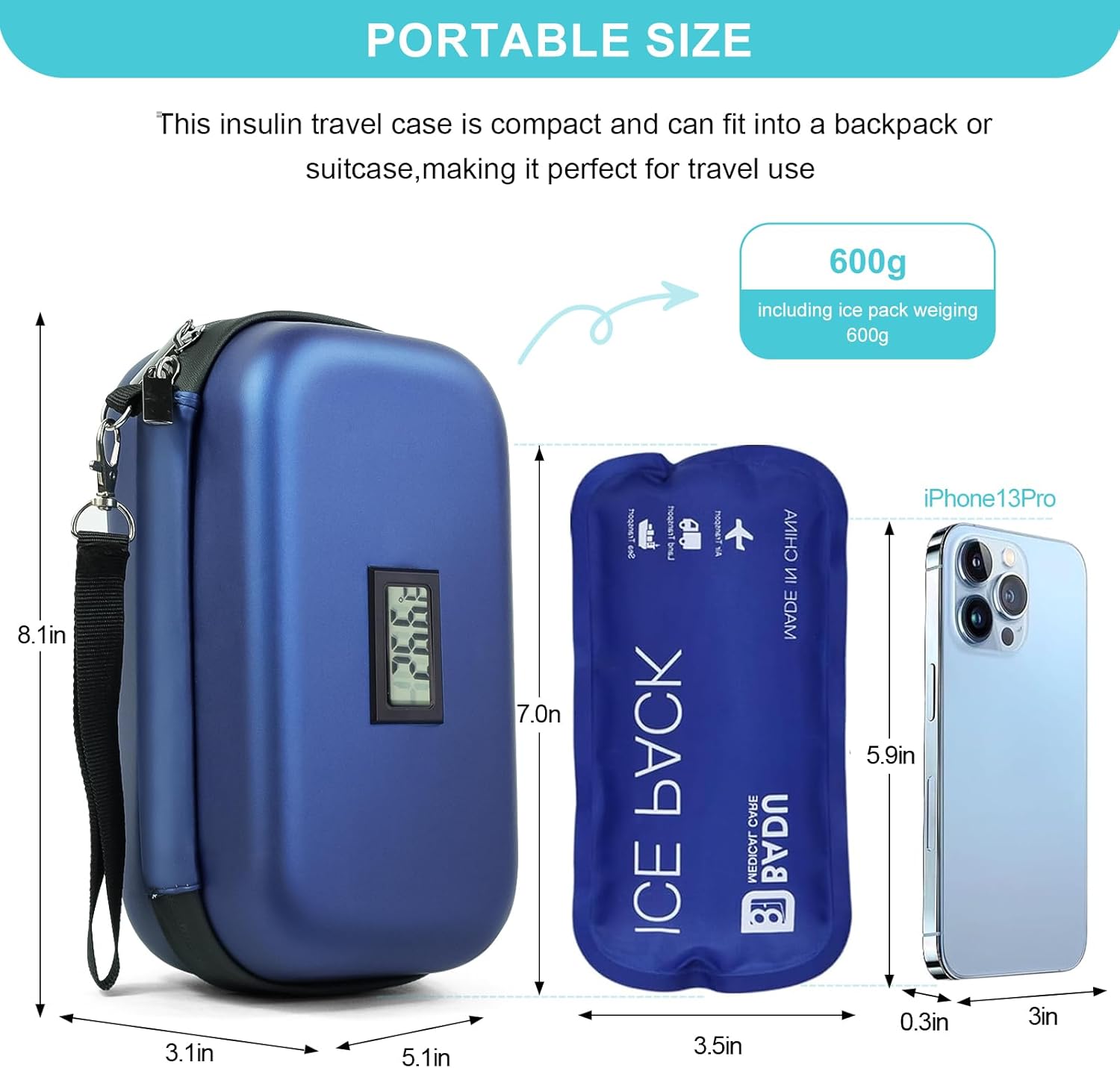 Picture of Insulin Cooler Travel Case TSA Approved Refrigerated Medicine Cooler for Travel w/Thermometer Temperature Display Diabetic Travel Case Bag w/2 Reusable Ice Packs for Daily Life Trip, Blue - Blue
