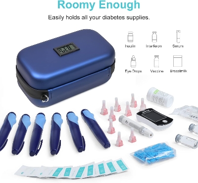 Picture of Insulin Cooler Travel Case TSA Approved Refrigerated Medicine Cooler for Travel w/Thermometer Temperature Display Diabetic Travel Case Bag w/2 Reusable Ice Packs for Daily Life Trip, Blue - Blue