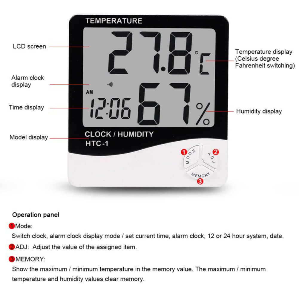 Picture of Indoor Room LCD Electronic Temperature Humidity Meter Digital Thermometer Hygrometer Weather Station Alarm Clock HTC-1 - White