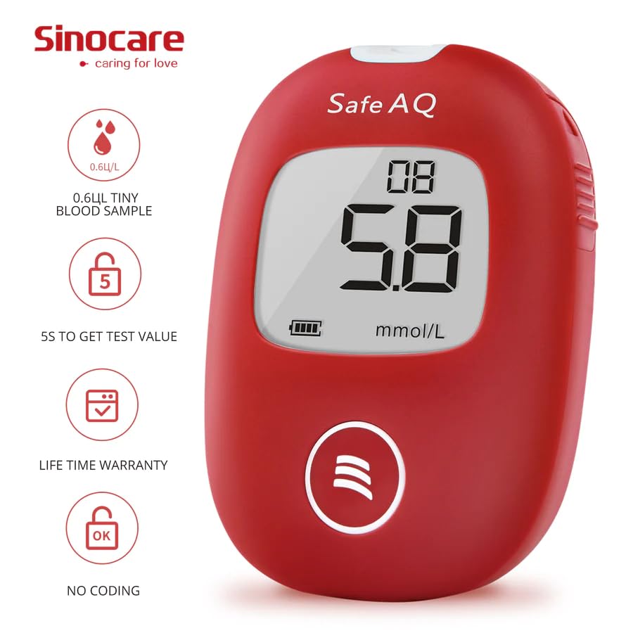 Picture of SINOCARE SAFE AQ SMART Blood Glucose Monitor/Machine | With 25 Strips and Lancets, One Lancet Device | No Coding, Measurements of Blood Sugar/Diabetes levels are fast, accurate and reliable - Chili Red