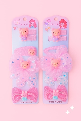 Picture of 6 Pcs /Set Girl Cute Cartoon Chiffon Bow Hairpins Kids Sweet Hair Clips Sequins Tassel Netting Yarn Barrettes Hair Accessories - Pink