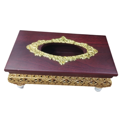 Picture of Golden Color Metal & Dark reddish-brown Color Tissue Box, White Colour Metal Body Tissue Box
