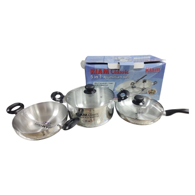 Picture of Kiam Classic 100% Pure Aluminum 5 in 1 Set includes various cooking pots and pans made of 100% pure aluminum. - Silver