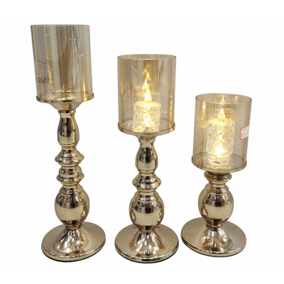 Picture of Glassware With Metal Body 3 Pcs 1 Set Candle Holder with Candle Light - Gold