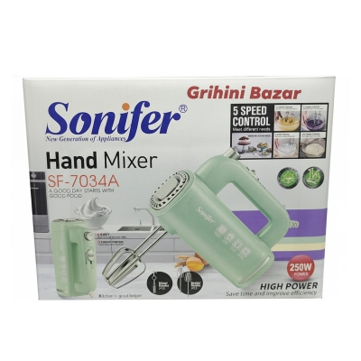 Picture of Sonifer SF-7034A Hand Mixer The Sonifer Hand Mixer SF-7034A offers reliable performance for all your baking and cooking needs. Whether whipping cream or kneading dough, this compact mixer handles it all effortlessly. - Green