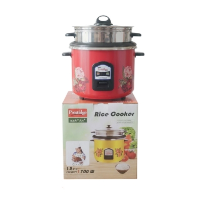 Picture of Prestige 1.8-liter automatic electric rice cooker with a double pot (one stainless steel and one non-stick). Key features include: - Red
