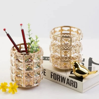 Picture of Crystal Stone and metal body 5 Inches Long Pen / Brush Holder. - Gold