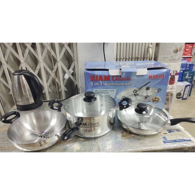 Picture of Kiam Classic 100% Pure Aluminum 5 in 1 Set includes various cooking pots and pans made of 100% pure aluminum. - Silver