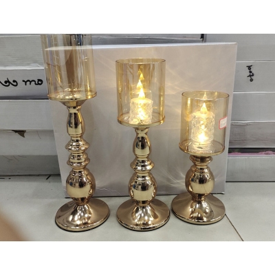 Picture of Glassware With Metal Body 3 Pcs 1 Set Candle Holder with Candle Light - Gold