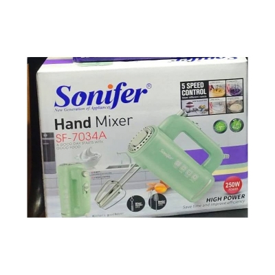 Picture of Sonifer SF-7034A Hand Mixer The Sonifer Hand Mixer SF-7034A offers reliable performance for all your baking and cooking needs. Whether whipping cream or kneading dough, this compact mixer handles it all effortlessly. - Green