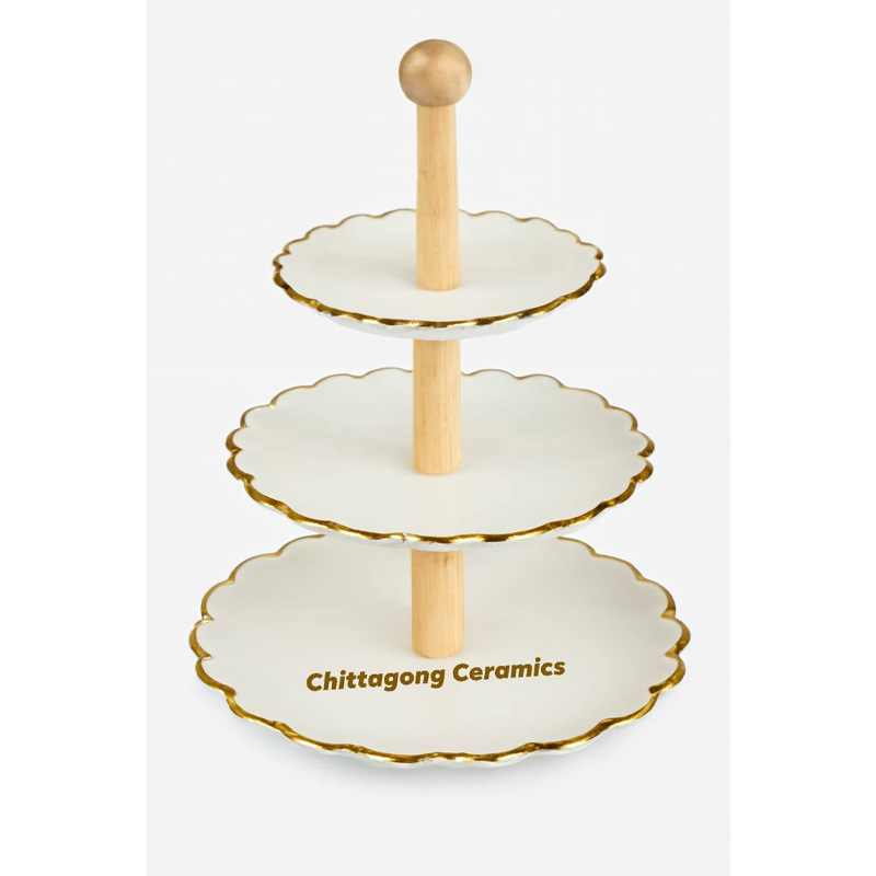 Picture of 3 Tier White Round Porcelain Cupcake Stand with Gold Edge - White