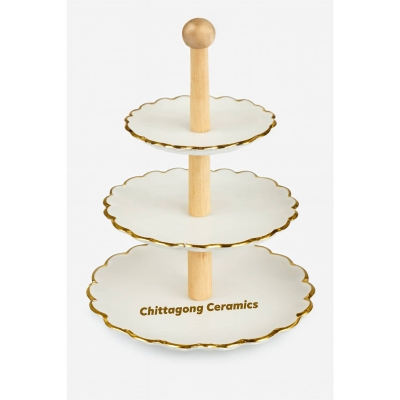 Picture of 3 Tier White Round Porcelain Cupcake Stand with Gold Edge - White
