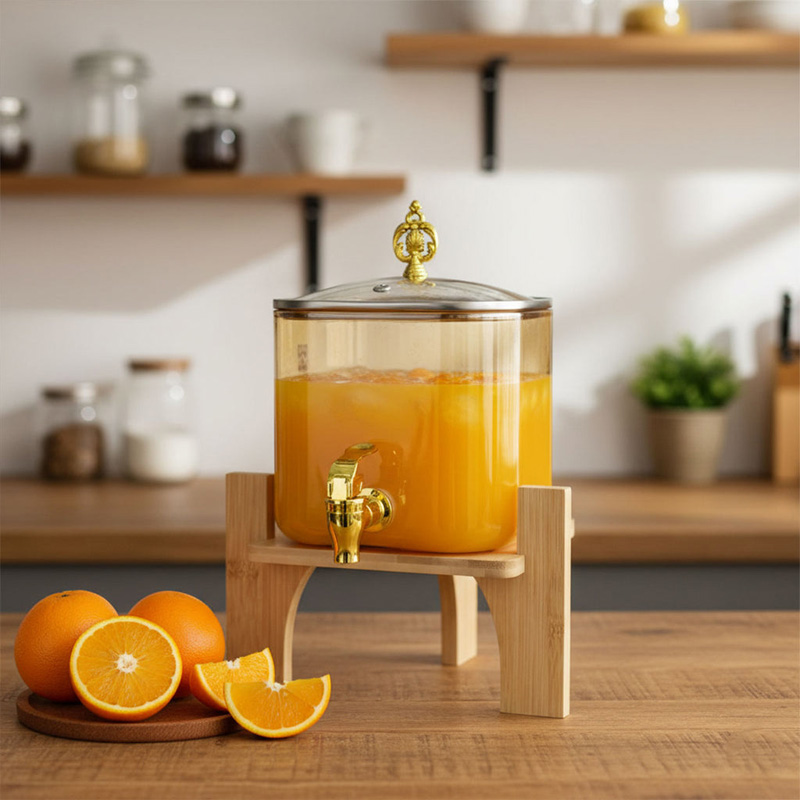 Picture of High Borosilicate Glass Juice Dispenser with Wooden Stand – 1 Pc 3 Liter Capacity - Clear