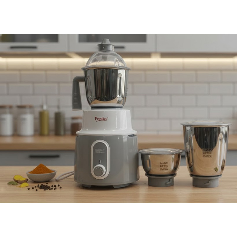 Picture of Prestige Delight 750 W Mixer Grinder, 3 Stainless Steel Jars (1500 ml, 1000 ml, 300 ml) (Charcoal Grey) - Silver