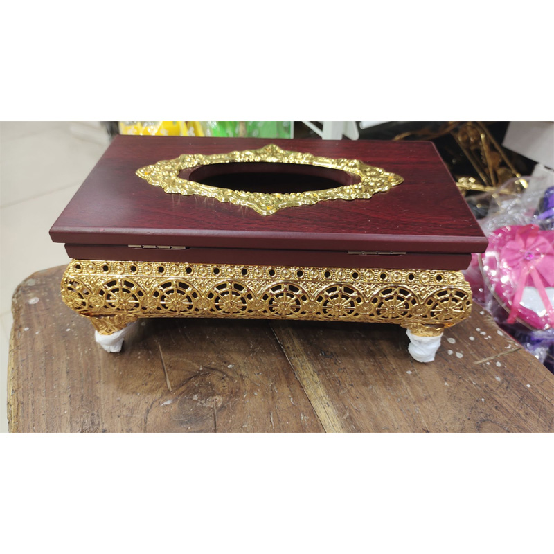 Picture of Golden Color Metal & Dark reddish-brown Color Tissue Box, White Colour Metal Body Tissue Box