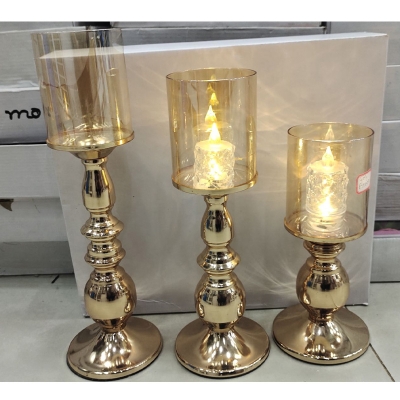 Picture of Glassware With Metal Body 3 Pcs 1 Set Candle Holder with Candle Light - Gold
