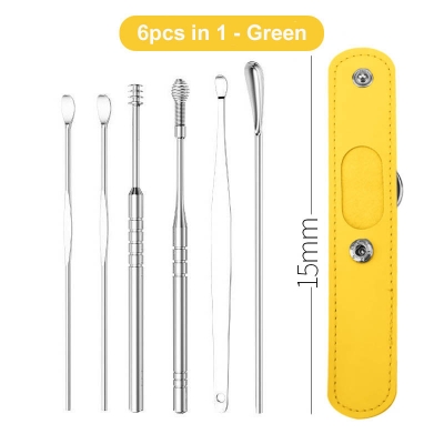 Picture of 6pcs Stainless Steel Ear Cleaner Earwax Removal kit Ear Pick Cleaning Earwax Tool with Leather Bag (Yellow,Multicolor & Black)