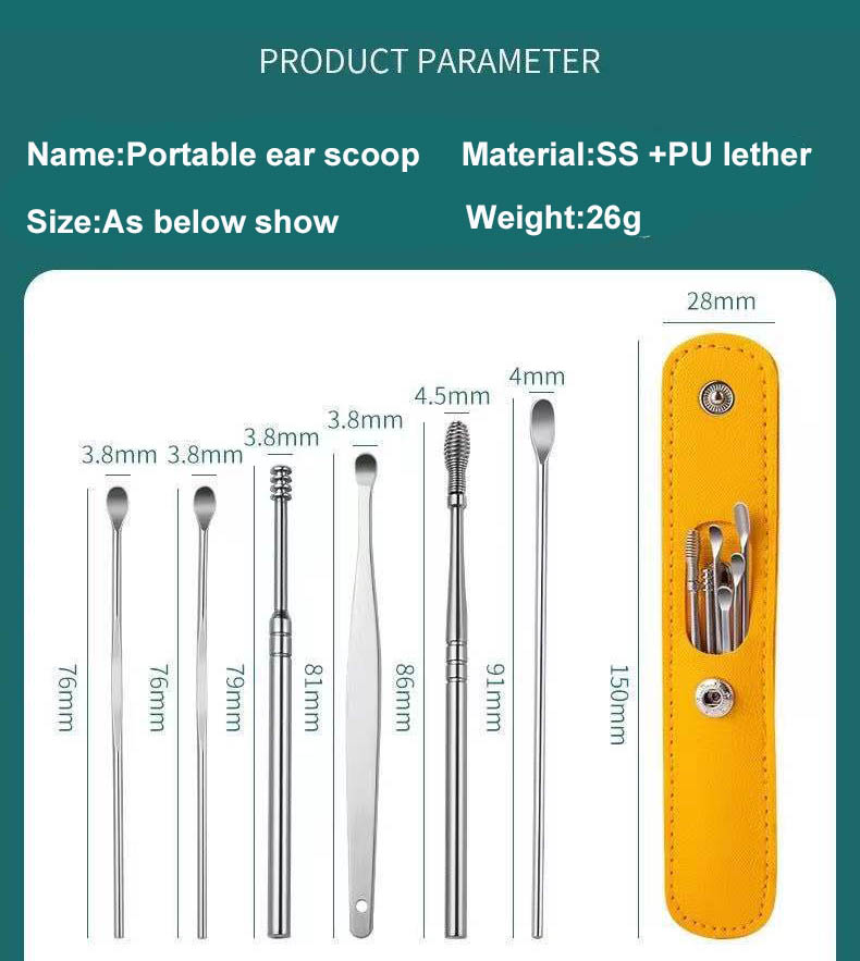 Picture of 6pcs Stainless Steel Ear Cleaner Earwax Removal kit Ear Pick Cleaning Earwax Tool with Leather Bag (Yellow,Multicolor & Black)