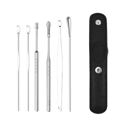 Picture of 6pcs Stainless Steel Ear Cleaner Earwax Removal kit Ear Pick Cleaning Earwax Tool with Leather Bag (Yellow,Multicolor & Black)