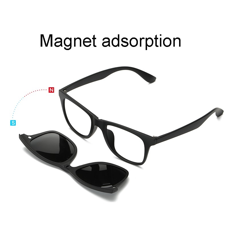 Picture of 6 in 1 Magnetic Sunglass Clip Polarized UV Protection Sunglasses Men Magnetic Clip Sunglasses Magnet Glasses Frame Glasses with Bag - One size,Black