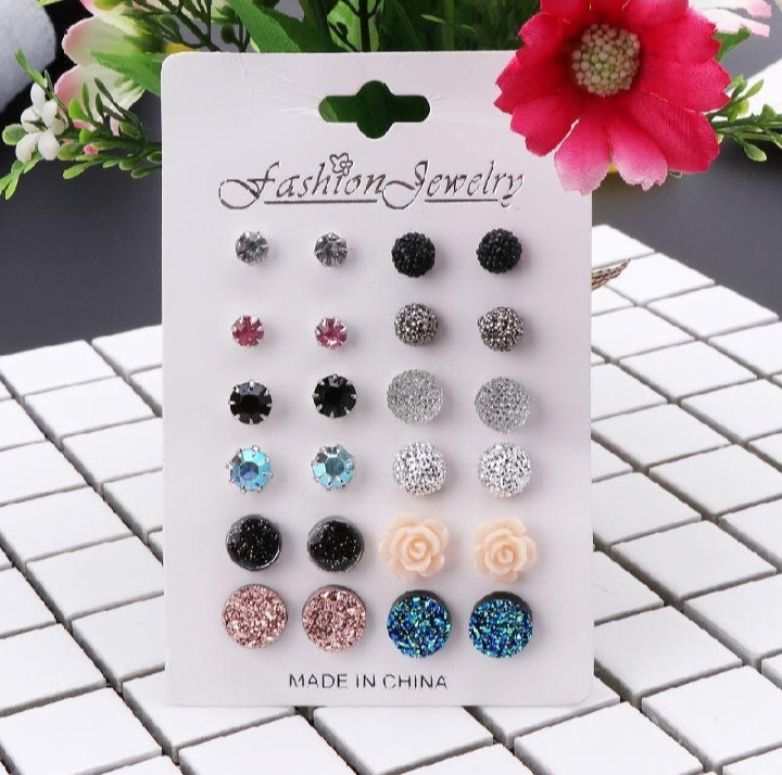 Picture of 12 Pairs Assorted Crystals Druzy Stone Resin Stone Round Stud Earrings Set Women - 