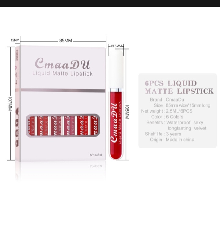 Picture of CmaaDu 6pcs/set Matte Velvet Non-Stick Cup Waterproof Not Easy To Swap Makeup Lipstick Long Lasting Lip Gloss Set - Lipstick - Lipstick Set - 