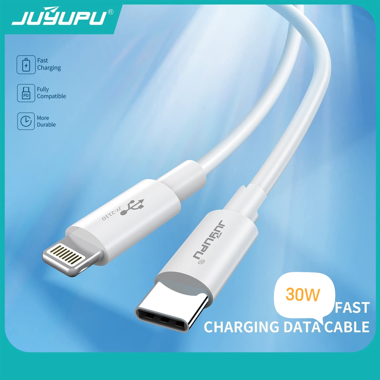 Picture of PD Cable -JUYUPU Type C to Apple 30W orginal PD Cable  Type C To Apple Cable Type C To lightning Fast Charging Cable Support 6A White 1.2M - White