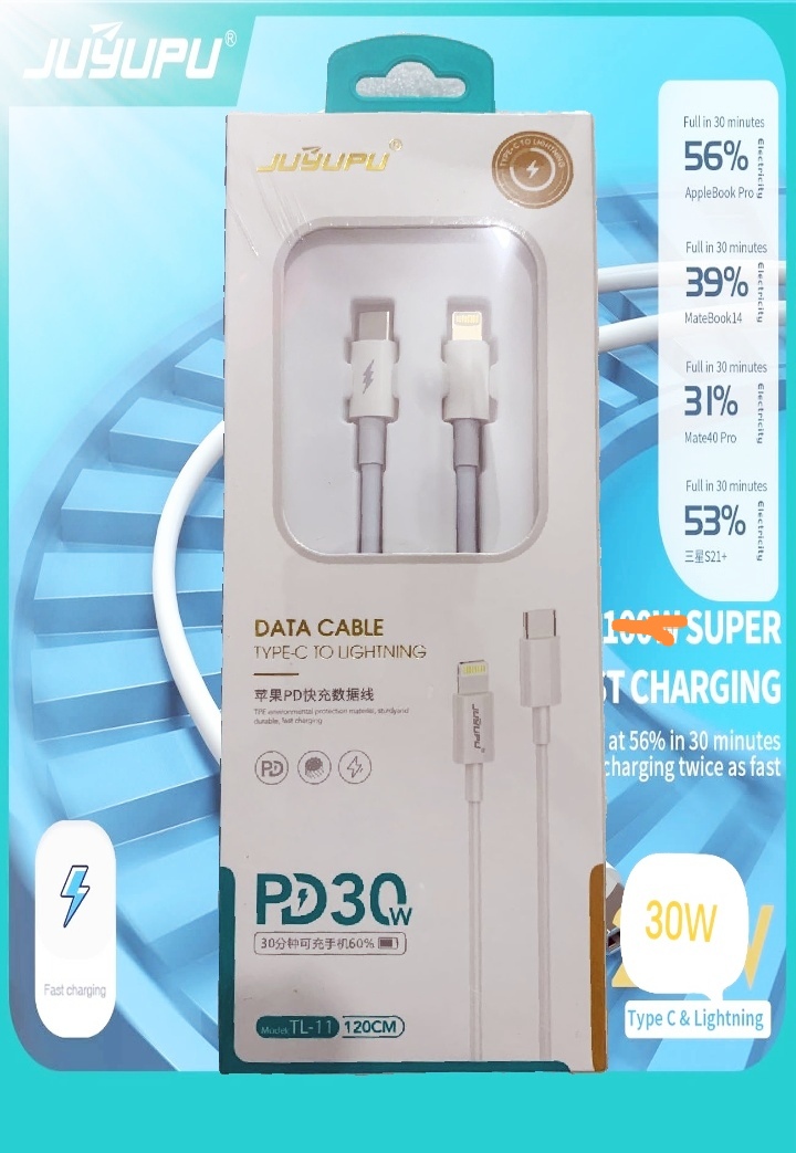 Picture of PD Cable -JUYUPU Type C to Apple 30W orginal PD Cable  Type C To Apple Cable Type C To lightning Fast Charging Cable Support 6A White 1.2M - White