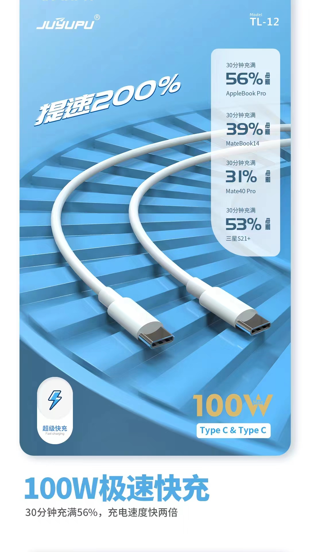 Picture of JUYUPU Type C to C 100W orginal PD Cable  Type C To Type C Cable Type C To Type C Fast Charging Cable Support 6A White 1.2M - White