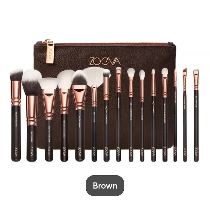 Picture of 15 Pcs/Set Brown Colour Makeup Brush Set with Bag - 