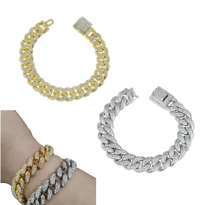 Picture of New Vintage Stylish Men Cuban Link Chain Bracelet Shiny Rhinestone Inlaid Bangle Bracelet Jewelry - 