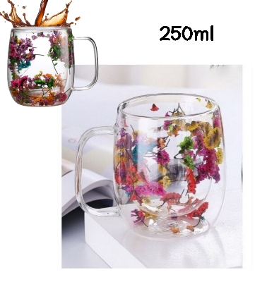 Picture of Coffee Mug Elegant Cup With Dried Flower Design Heat Resistant Dried Flower Double Wall Glass Mug For Cold Drinks tea milk coffee mug Cappuccino - 