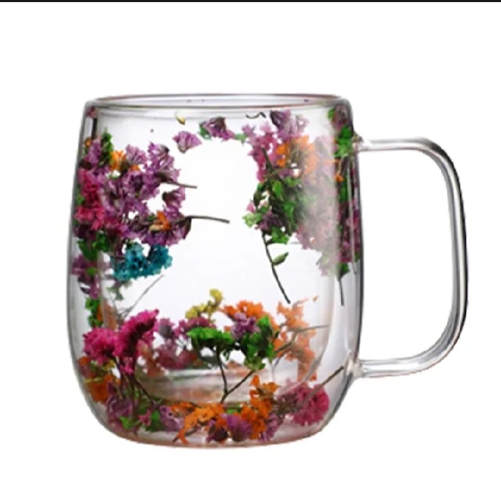 Picture of Coffee Mug Elegant Cup With Dried Flower Design Heat Resistant Dried Flower Double Wall Glass Mug For Cold Drinks tea milk coffee mug Cappuccino - 