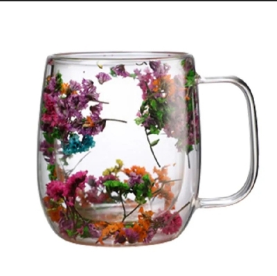 Picture of Coffee Mug Elegant Cup With Dried Flower Design Heat Resistant Dried Flower Double Wall Glass Mug For Cold Drinks tea milk coffee mug Cappuccino - 