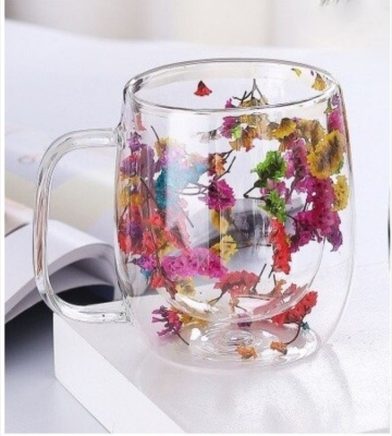 Picture of Coffee Mug Elegant Cup With Dried Flower Design Heat Resistant Dried Flower Double Wall Glass Mug For Cold Drinks tea milk coffee mug Cappuccino - 