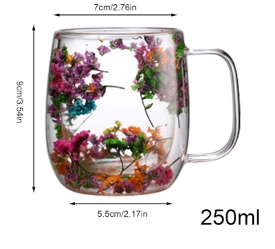 Picture of Coffee Mug Elegant Cup With Dried Flower Design Heat Resistant Dried Flower Double Wall Glass Mug For Cold Drinks tea milk coffee mug Cappuccino - 