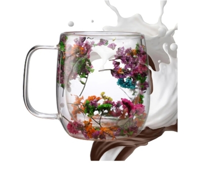 Picture of Coffee Mug Elegant Cup With Dried Flower Design Heat Resistant Dried Flower Double Wall Glass Mug For Cold Drinks tea milk coffee mug Cappuccino - 