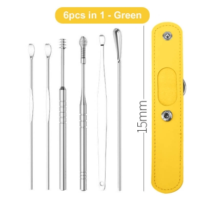 Picture of 6pcs Stainless Steel Ear Cleaner Earwax Removal kit Ear Pick Cleaning Earwax Tool with Leather Bag (Yellow,Multicolor & Black)